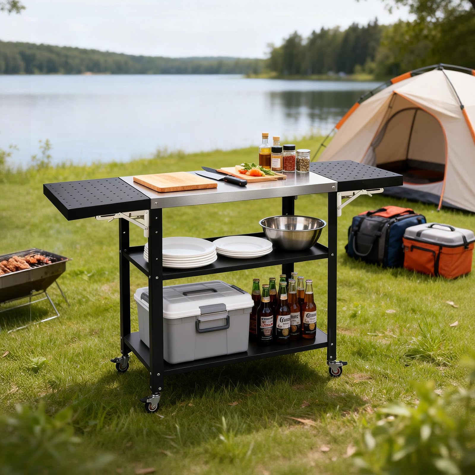 Gourmet Grilltisch Klappbar Servierwagen 3 Etagen Küchenwagen, Edelstahl Grillwagen Beistelltisch Outdoorküche mit Rollen, Mobiler Tischplatte für Garten Grill Camping Außenbereich