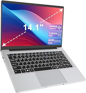 14" Laptop, Celeron N4000 Processor Laptop Computer, 6GB RAM 128GB SSD Ordinateur Portable HD IPS Display, Portable PC Fanless Notebook with Bluetooth/USB 3.0/Mini HDMI for Business Study
