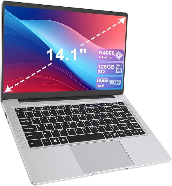 14" Laptop, Celeron N4000 Processor Laptop Computer, 6GB RAM 128GB SSD Ordinateur Portable HD IPS Display, Portable PC Fanless Notebook with Bluetooth/USB 3.0/Mini HDMI for Business Study