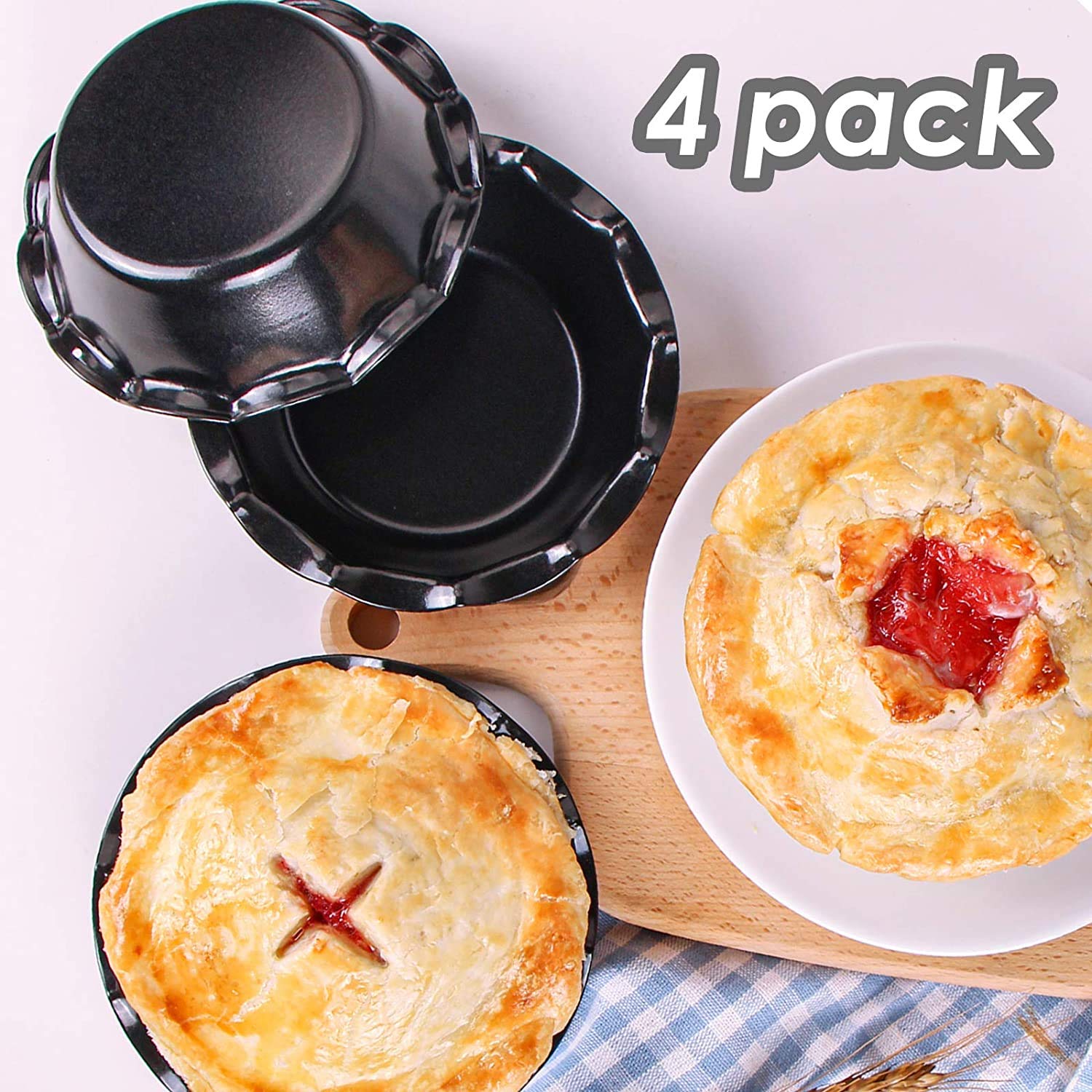 webake Pojedyncze naczynia do ciasta z marszczoną krawędzią, okrągłe mini foremki do ciasta, 12 cm, powłoka nieprzywierająca, zestaw 4 szt