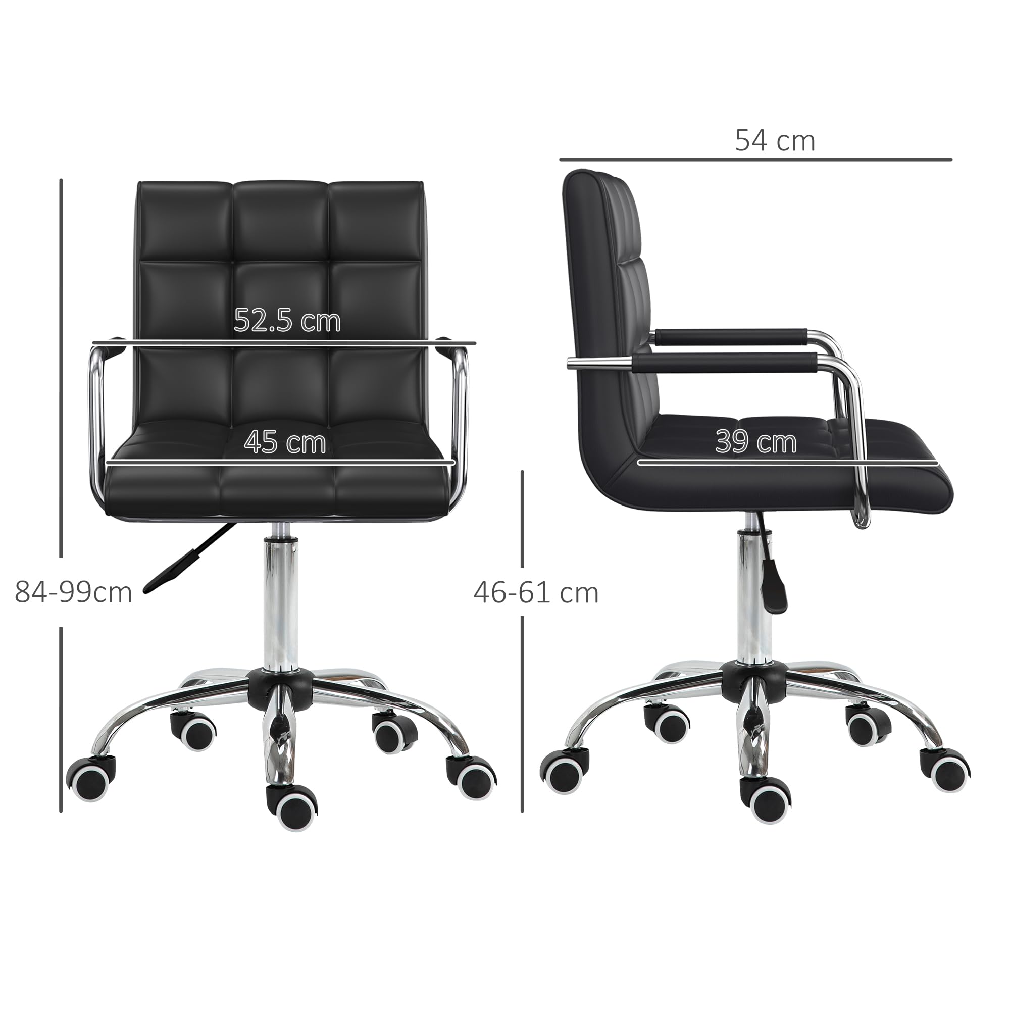 Vinsetto Ergonomic PU Leather Office Chair, Button Tufted, Padded Armrests, Adjustable, Swivel Wheels, Black