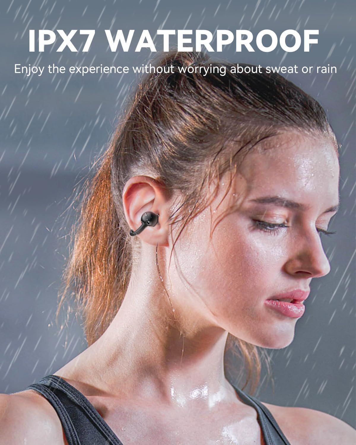 Person wearing ANSTEN Q40 earphone in the rain