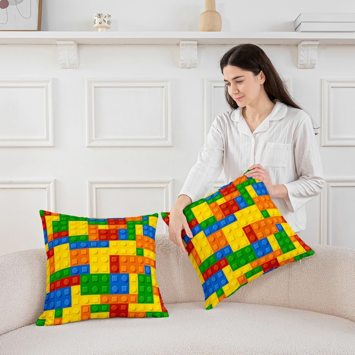 Feelyou Set of 2 Games Throw Pillow Covers, Color Building Blocks Cushion Case for Home Living Room Decor, Reversible Toy Brick Decorative Throw Cushion Case, 24x24 Inches