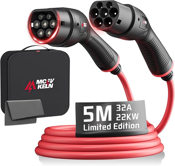 MCEVKELN Câble de Recharge Type 2 – 22 KW 5 m, Mode 3, 32 A, Portable avec Pochette | Chargeur Triphasé pour VE & Hybrides, Compatible avec Les modèles Y/3/ID.4/IONIQ 5/EV6/Spring/5 E-Tech/e-208/500e - 1