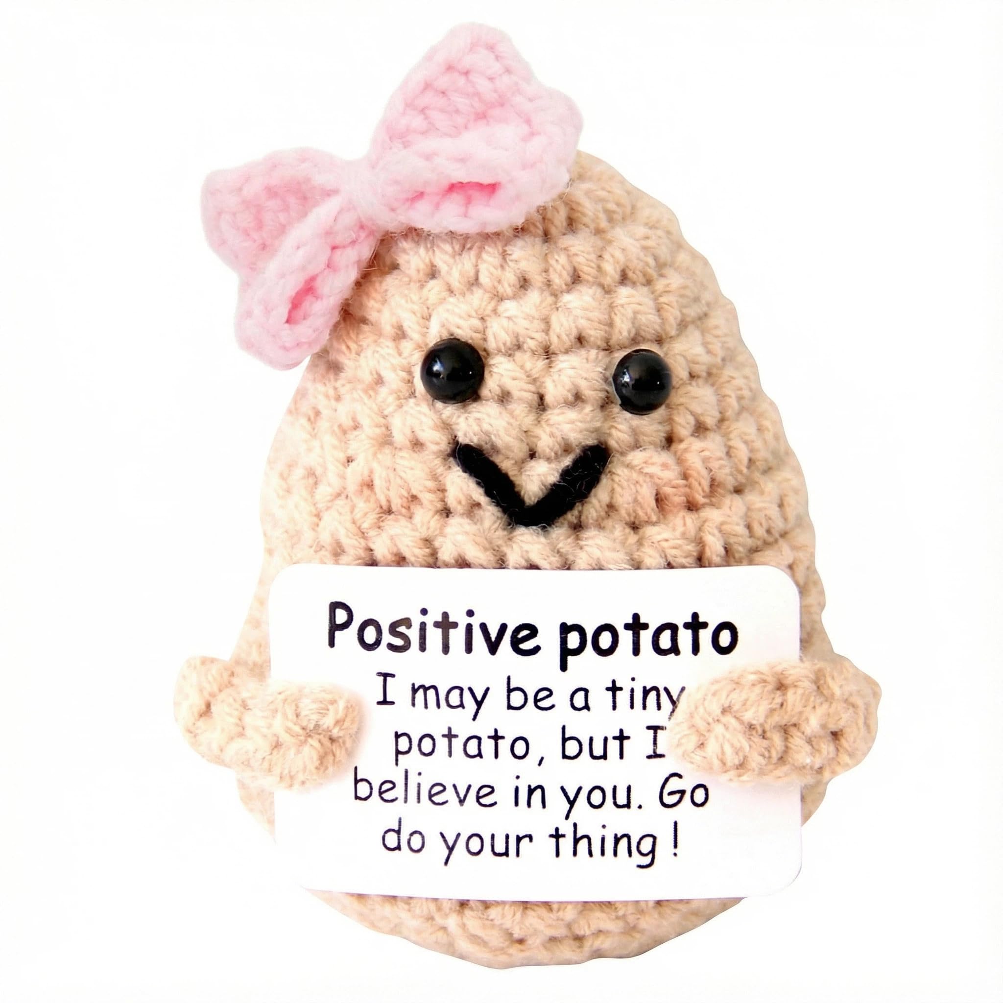 1 Mini Cute Funny Positive Life Potato,Creative Knitted Unique Interesting Potato Holding Card Positive Crochet Party Decor (Daily with Bowknot 1 pcs), Hoary
