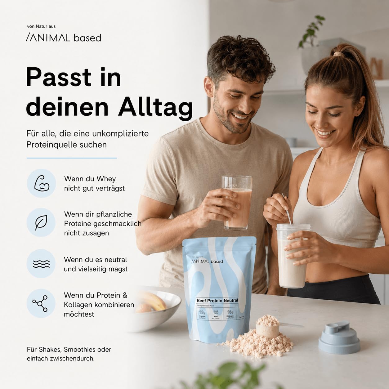 Animal Based Rinderprotein Pulver Neutral 300g - Natürliche Zutaten - 19g Protein - 16g Kollagen - 86 kcal - Beef Protein - Kollagen Typ 1,2,3 - Knochenbrühe vom Weiderind - Bone Broth - Histaminarm