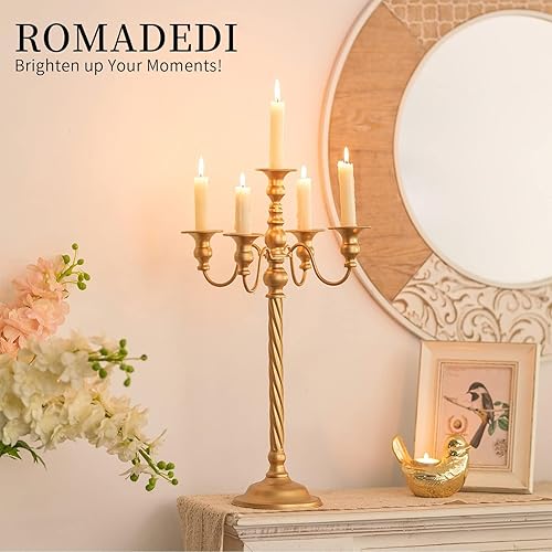 Miniatura 7 de Romadedi Candelabro Dorado Portavelas Soporte de Vela de 21 Pulgadas de Alto con 5 Ramas para Centro de Mesa de Boda, Decoración de Fiestas de