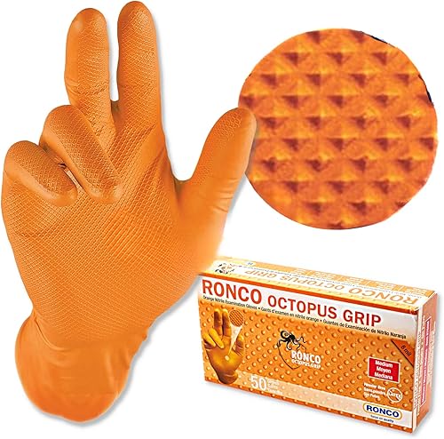 Guantes desechables de nitrilo naranja, agarre de textura de diamante elevado, 6 mil de grosor, sin látex y polvo