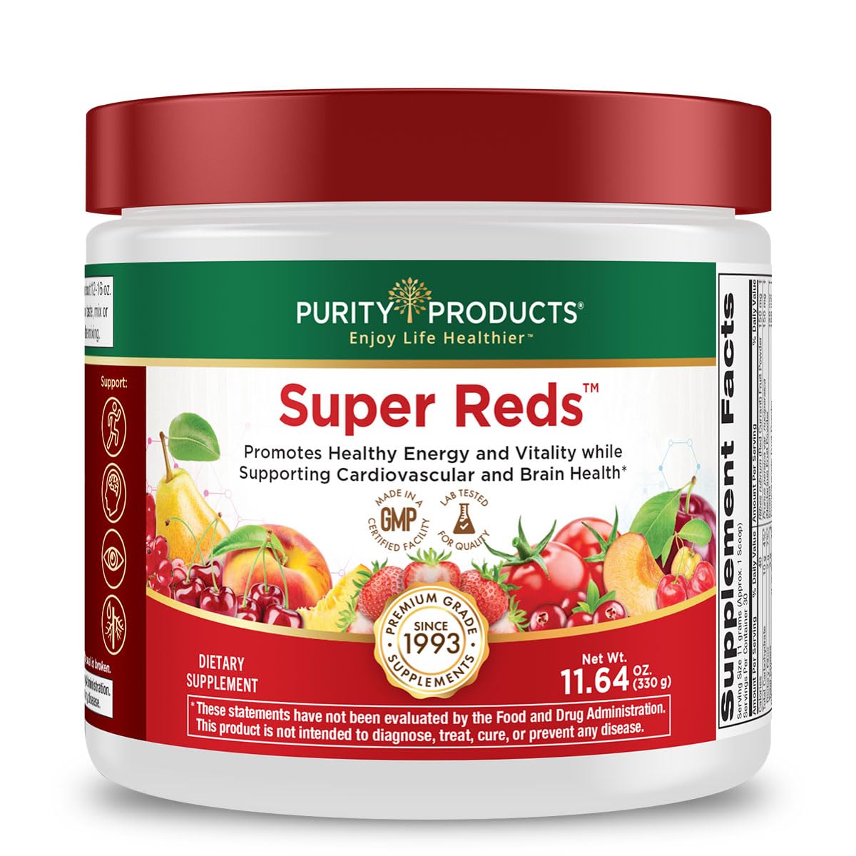 Purity Products Super Reds Powder Phytonutrient Superfood Drink Mix w/FloraGLO Lutein - Phytonutrient Blend containing Polyphenols, Antioxidants & More - 330 Grams - 30 Day Supply