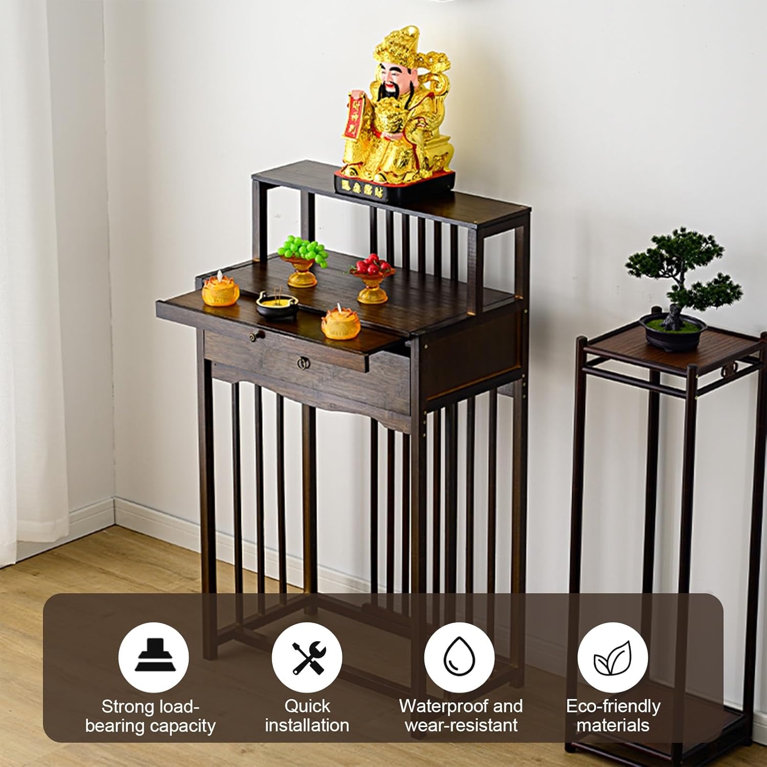 祈りの祭壇 個人用神殿スタンド 瞑想テーブル 収納スペース付き リビングルーム 寝室 オフィス用(Walnut color,80*4