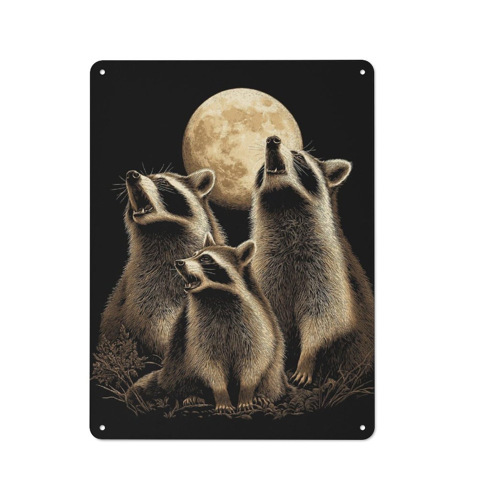 Junmoney Raccoons Under Moonlight For Man Cave Or Games Room, Retro Metal Plaque 40X30cm, For Metal Sign Collectors, For Garage And Workshop Walls