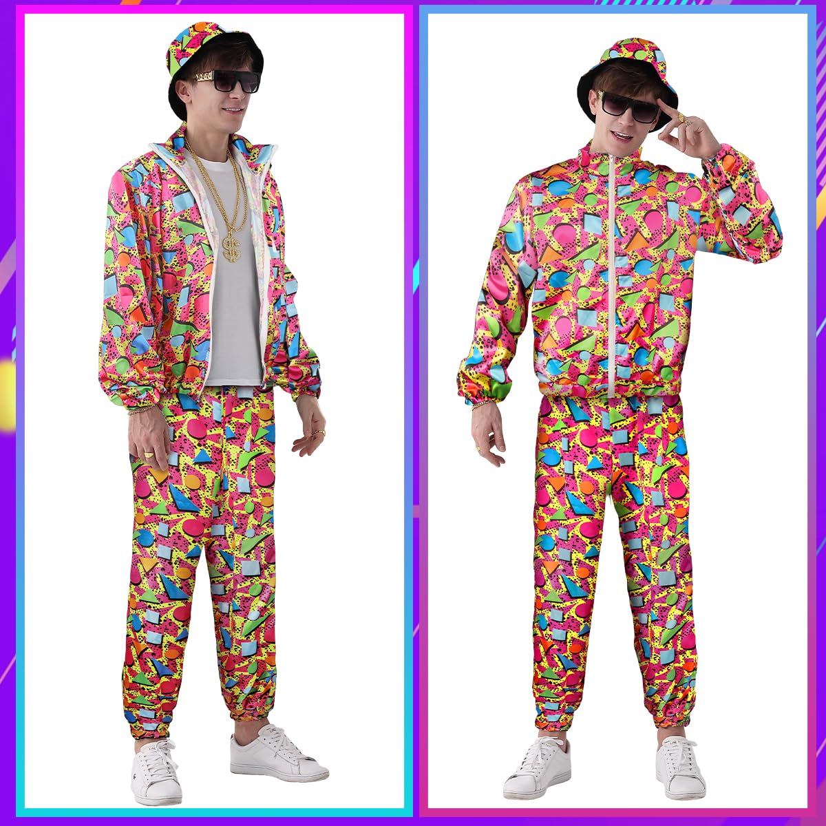 80er 90er Jahre Trainingsanzug Outfit Herren, Kostüm Jogginganzug Hose Set, Aufblasbarer Ghettoblaster Bauchtasche Sonnenbrille Hut Halskette Armband Ring, Hip Hop Sportbekleidung Karneval Mottoparty