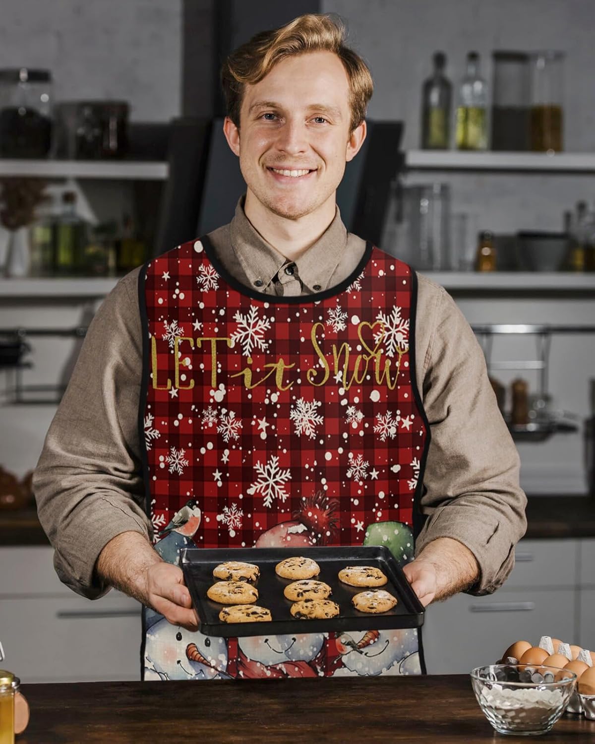 Winter Snowman Cobbler Aprons with 2 Pockets Bib Christma Snowflake Rustic Plaid Grey