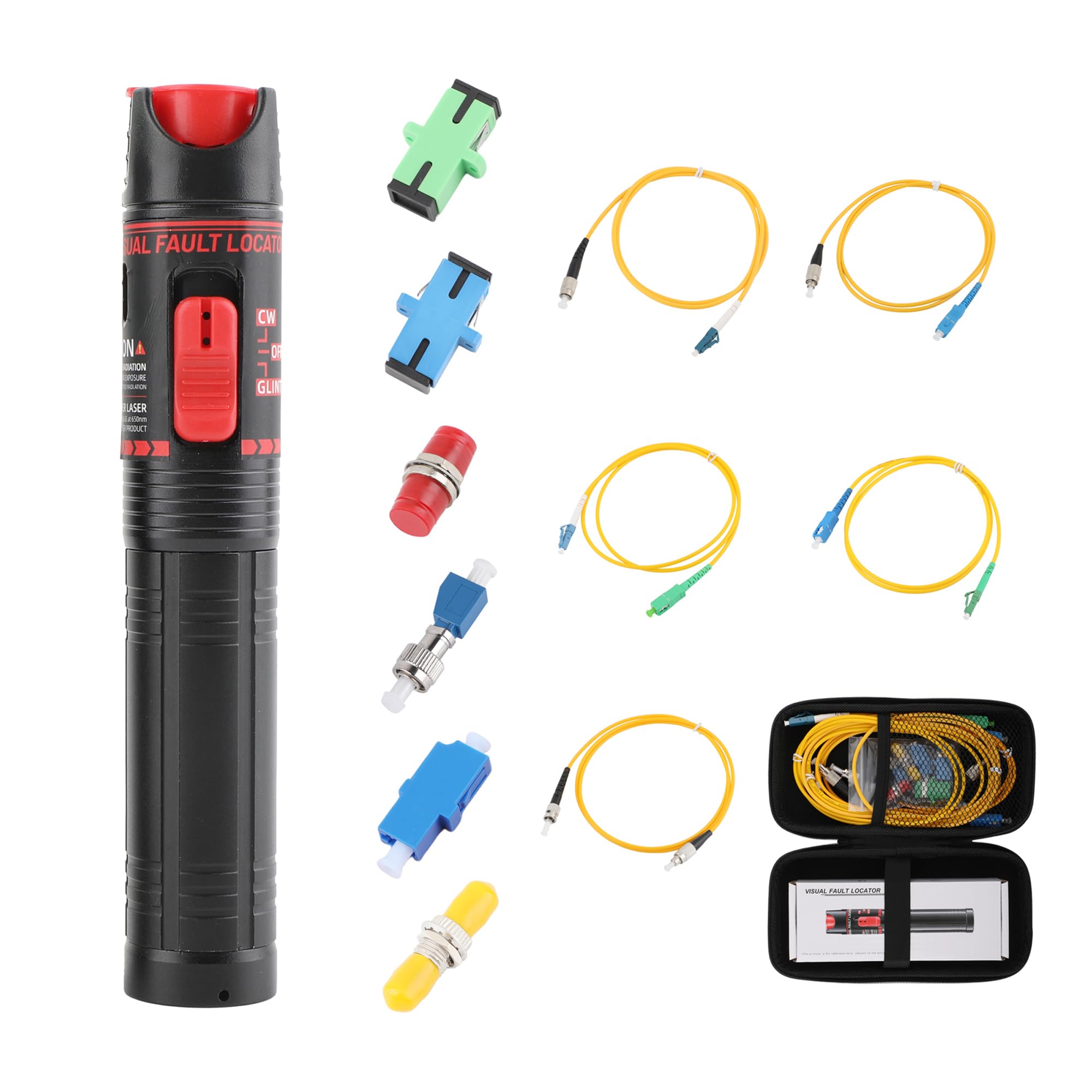 Glasfaser Werkzeug mit 30 mW Visual Fault Locator für SC/FC/ST/LC | Glasfaserkabel-Testset mit FC-Stecker auf LC-Buchse-Adapter, SC/APC ST/FC/SC/LC-UPC Kupplung und 5 Patchkabel