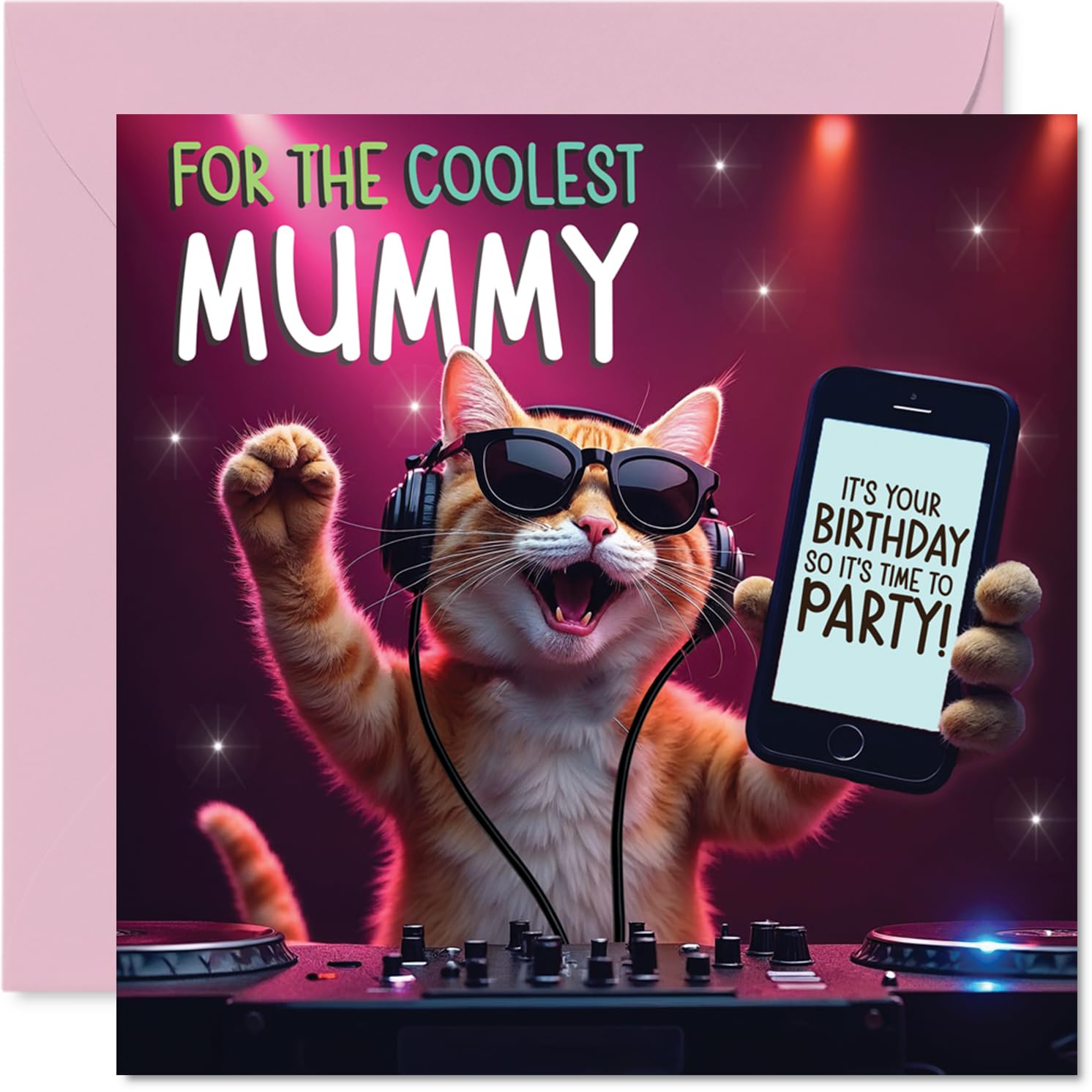 Mummy Birthday Card - Party DJ Cat - Happy Birthday Card for Mummy from Son Daughter, 145mm deejay cat Bday Greeting Cards