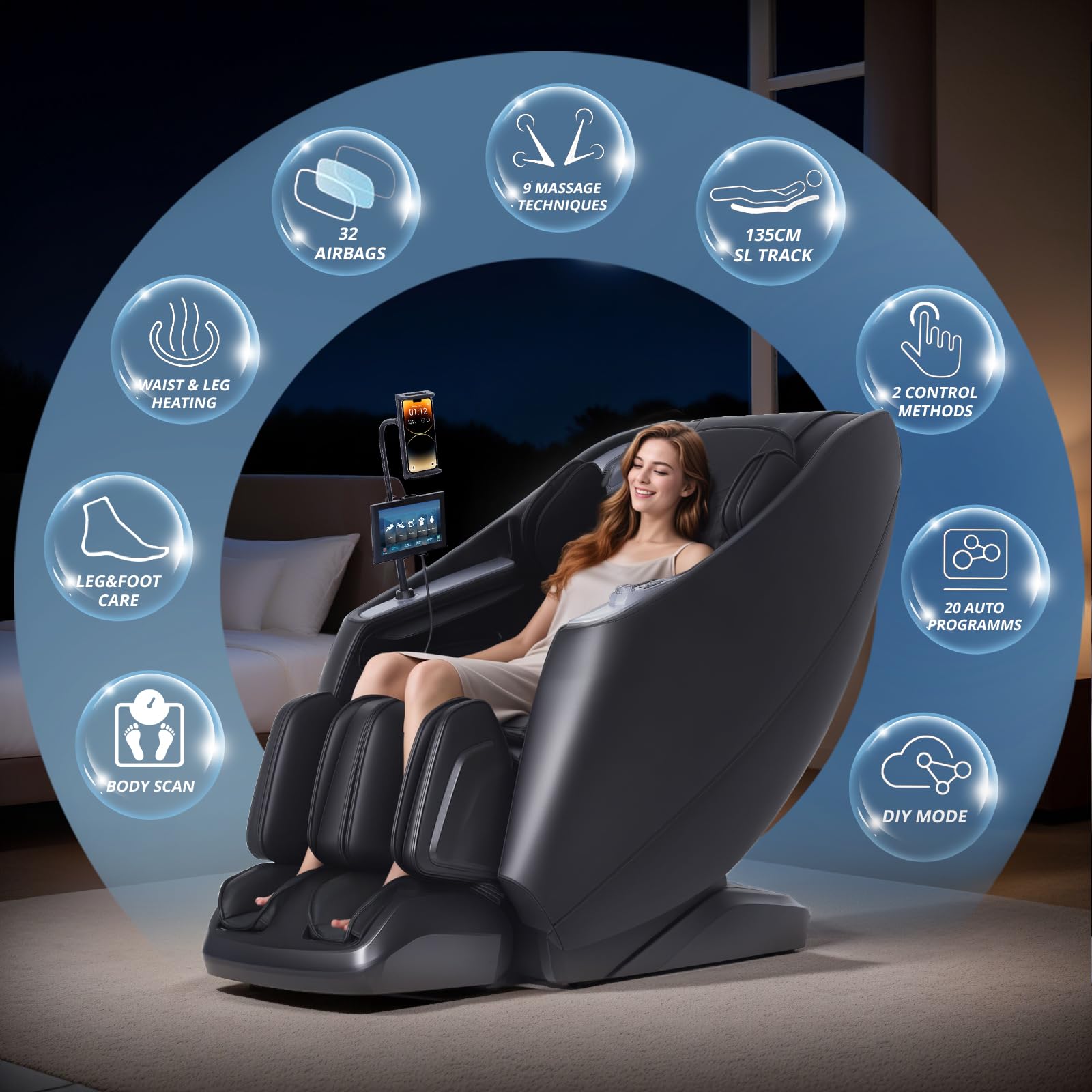 HealthRelife 4D Massagesessel mit Zero Gravity, SL-Schiene, 3D-Heizsystem, Schaukelfunktion, Shiatsu-Massage, Touchscreen-Steuerung Schwarz