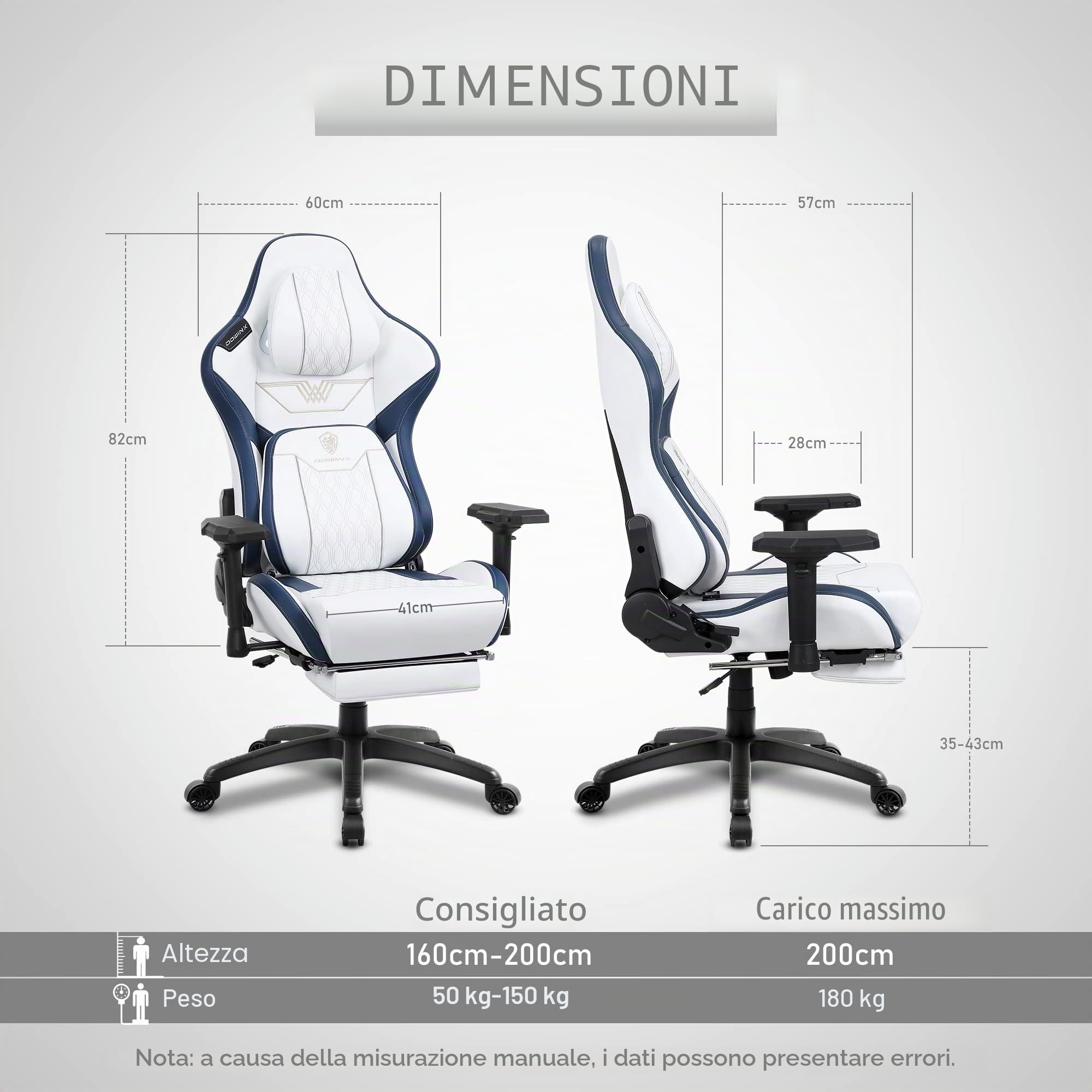Dowinx Sedia Gaming con braccioli 4D, ergonomica, con poggiapiedi, in pelle PU, comodo supporto lordosi, grande e alta, 180 kg, bianco