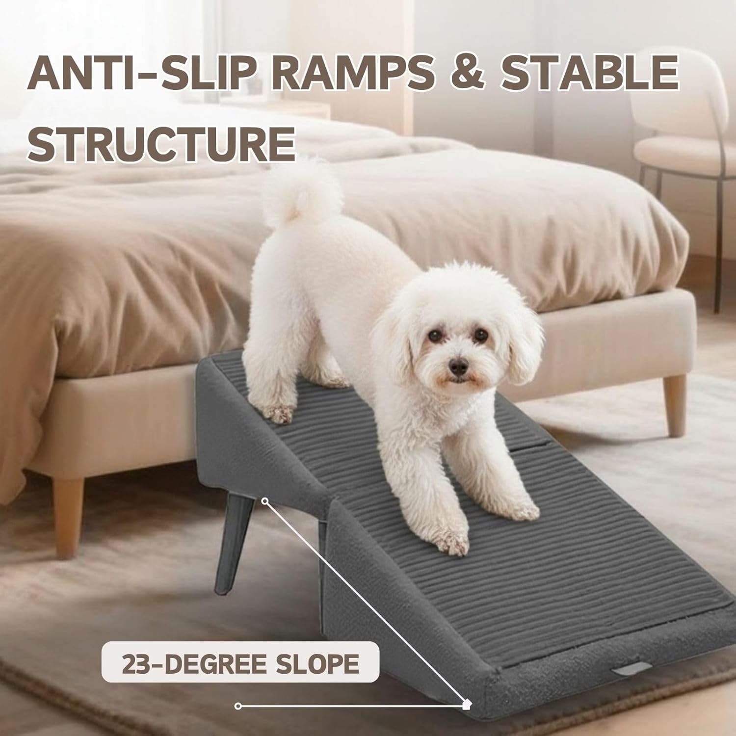 2-in-1 Folding Dog Ramp and Footrest, Convertible Wooden Pet Stairs for Small and Medium Dogs or Cats, Non-Slip Surface Step for Bed and Sofa, Space-Saving Indoor Pet Furniture (Khaki)