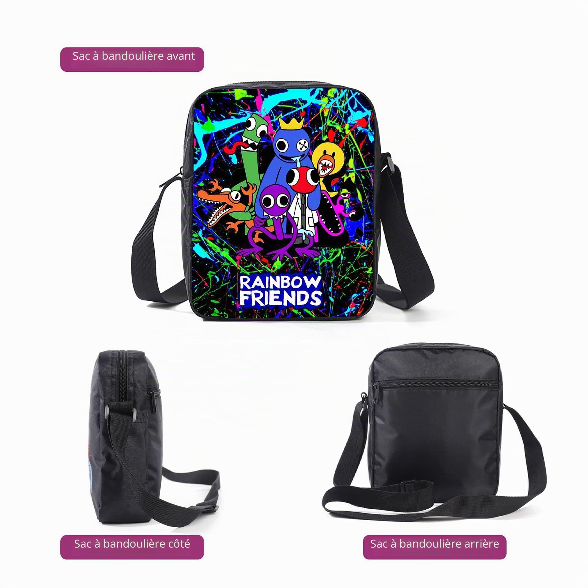 Lot de 3 sacs à dos arc-en-ciel avec porte-clés, 40,6 cm imprimé en 3D, sac à déjeuner haute capacité, cartable pour garçon et fille.