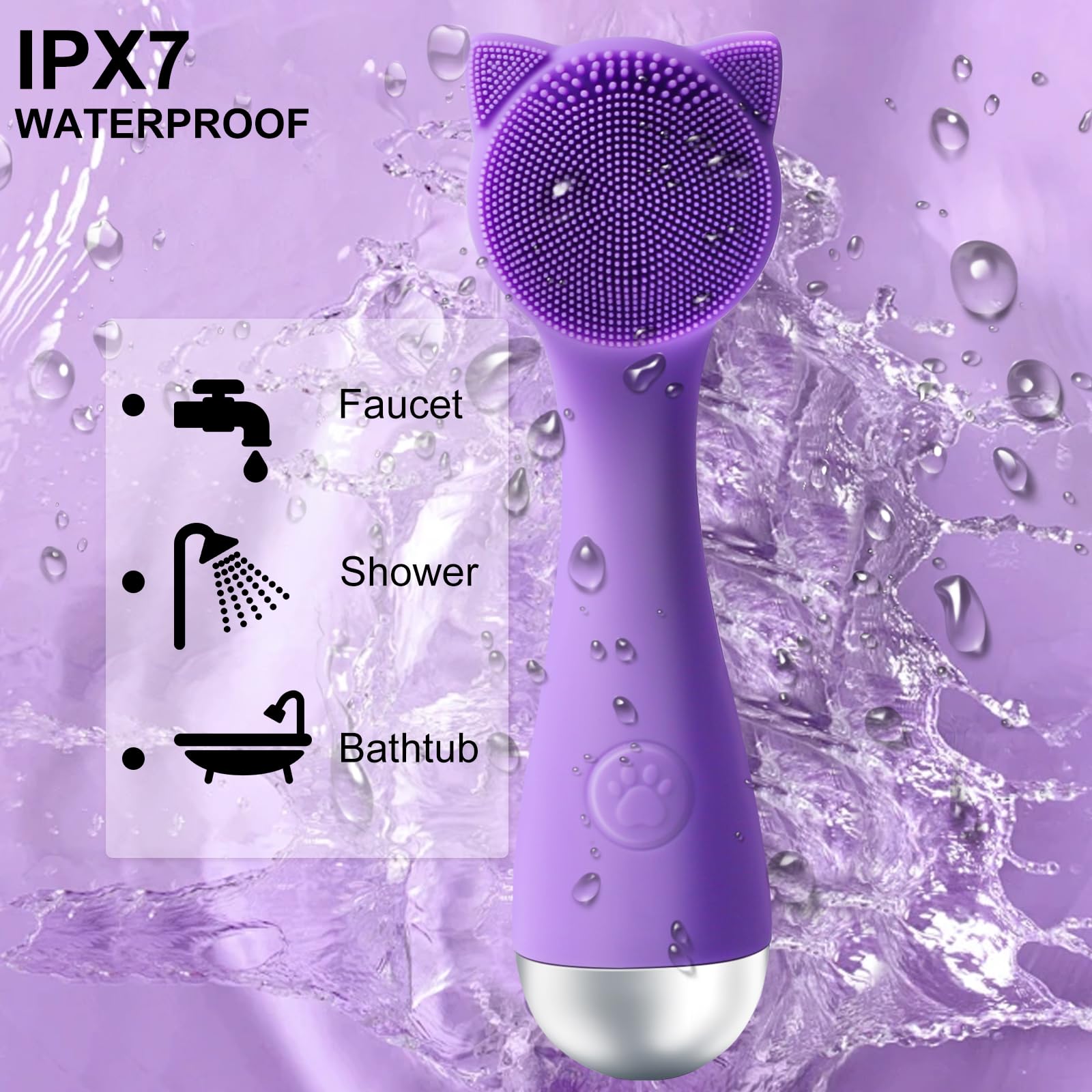 Facial Cleansing Brush, Silicone Face Scrubber Exfoliator for Men & Women, Electric Facial Brush Waterproof, with 3 Speeds Adjustable for Deep Cleaning, Removing Blackhead, Face Massaging (Purple)