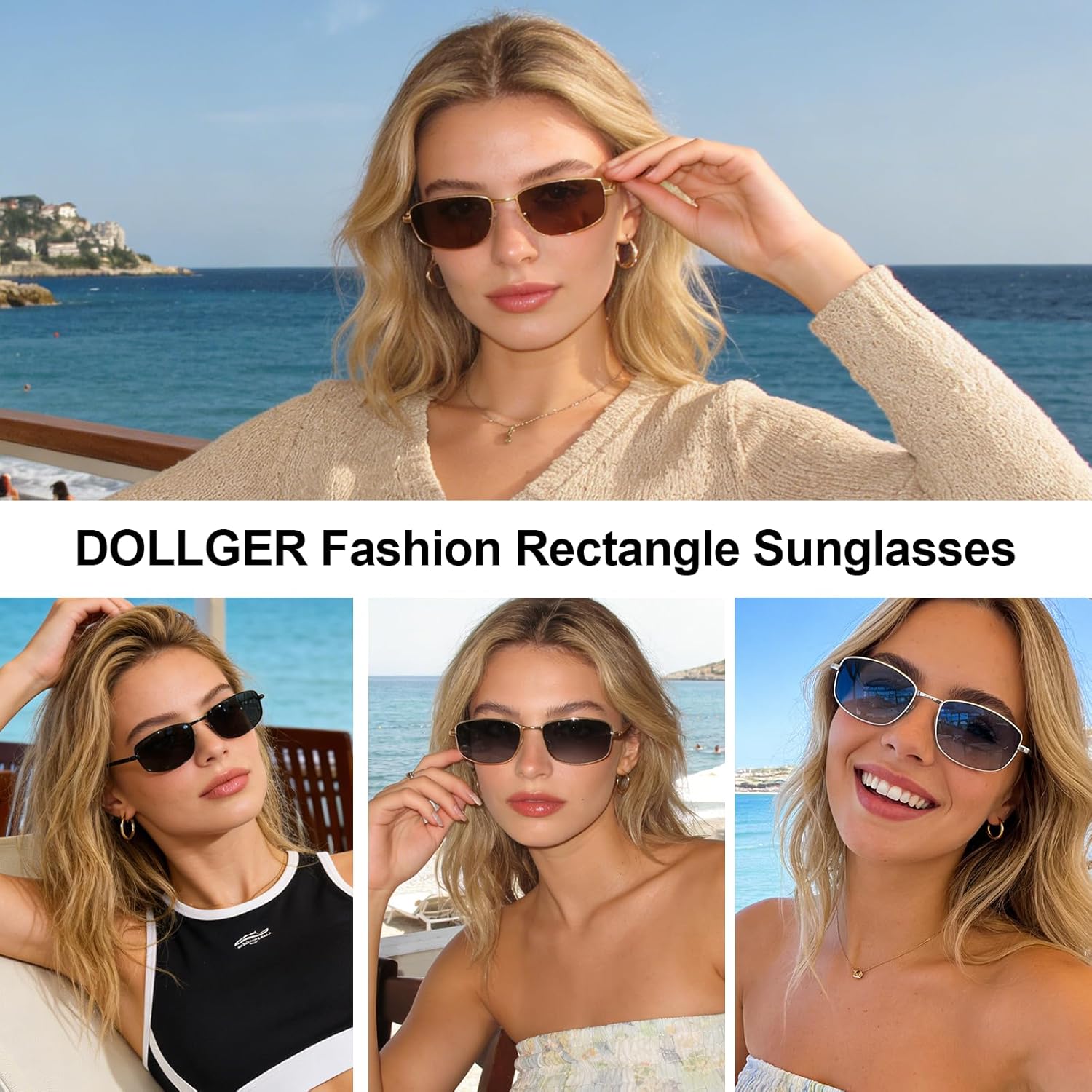 Dollger Womens Polarized Rectangle Sunglasses Retro 90s Metal Small Frame Trendy Shades UV400 Lightweight Driving Glasses
