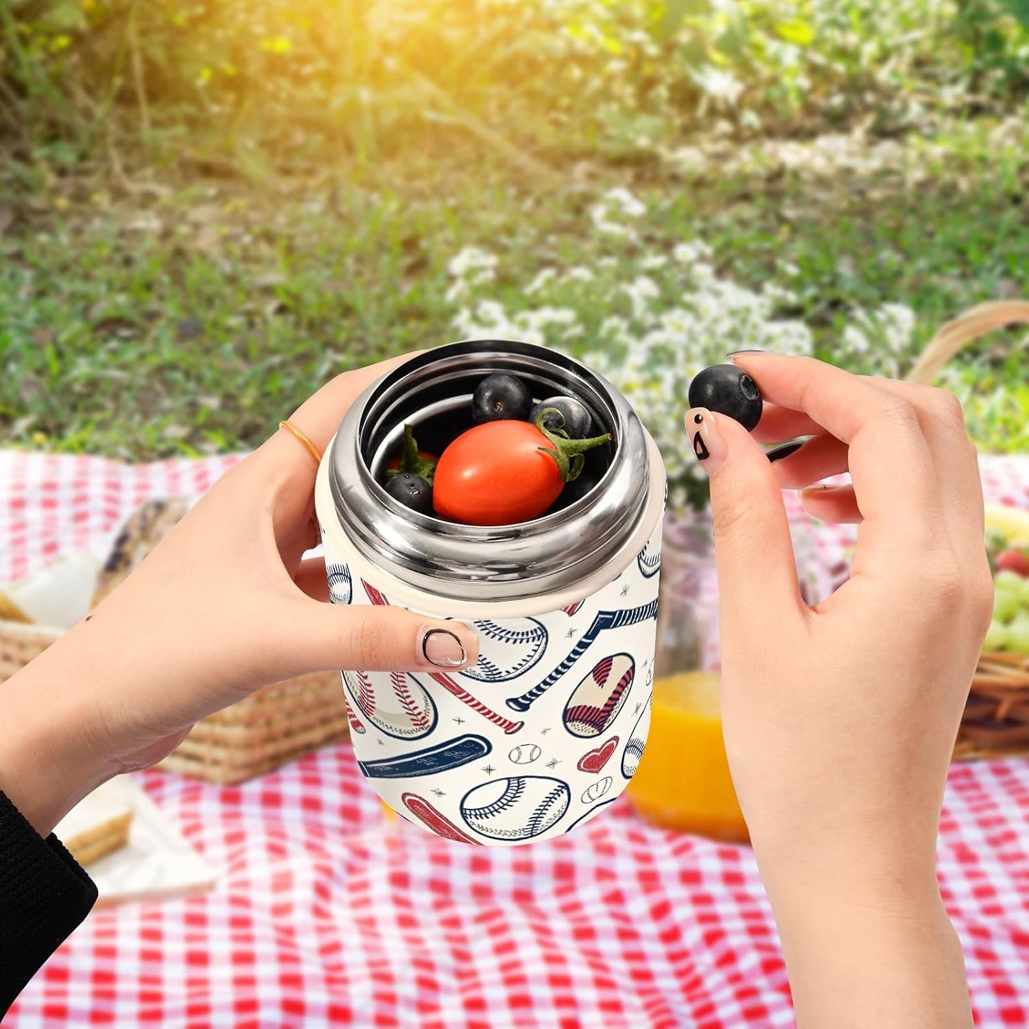 16OZ Vacuum Insulated Food Jar Cartoon Baseballs Stainless Steel Hot Cold Food Thermo with Spoon for Kids and Adult, Lunch Container for School, Office, Picnic