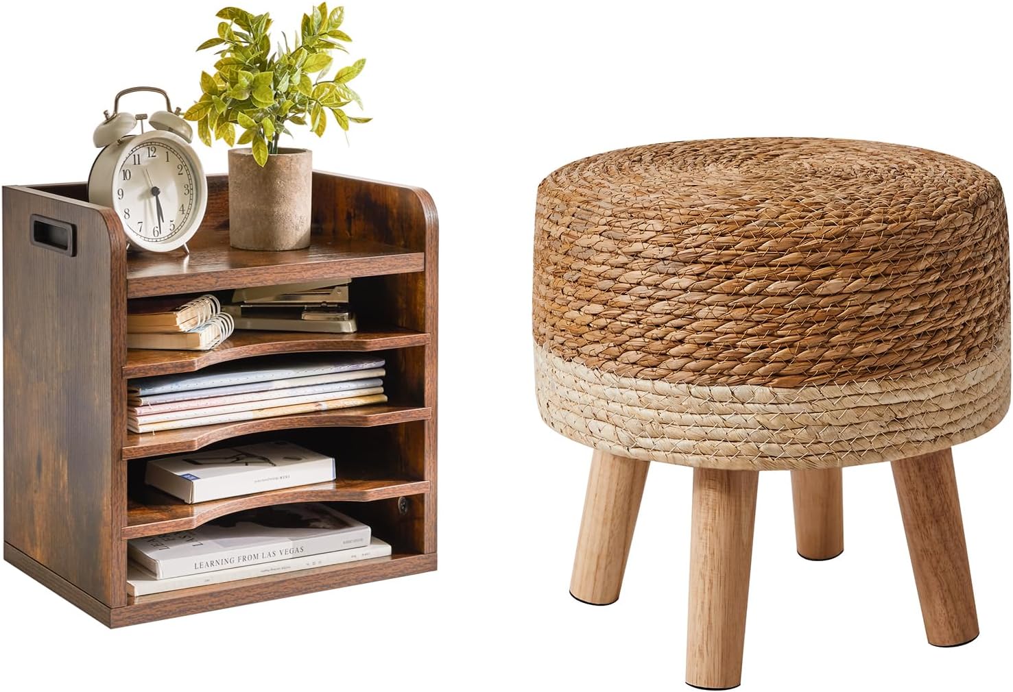 YMYNY HBD027W Houten voetenbank, ronde houten poef met handgevlochten