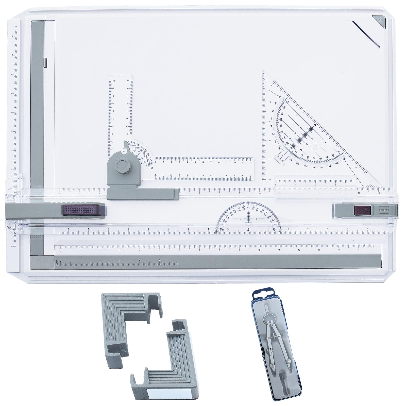 FrylrInch A3 Drawing Board Drafting Table with Parallel Motion and Angle English Measuring System 20.87”L x 14.49”D, White