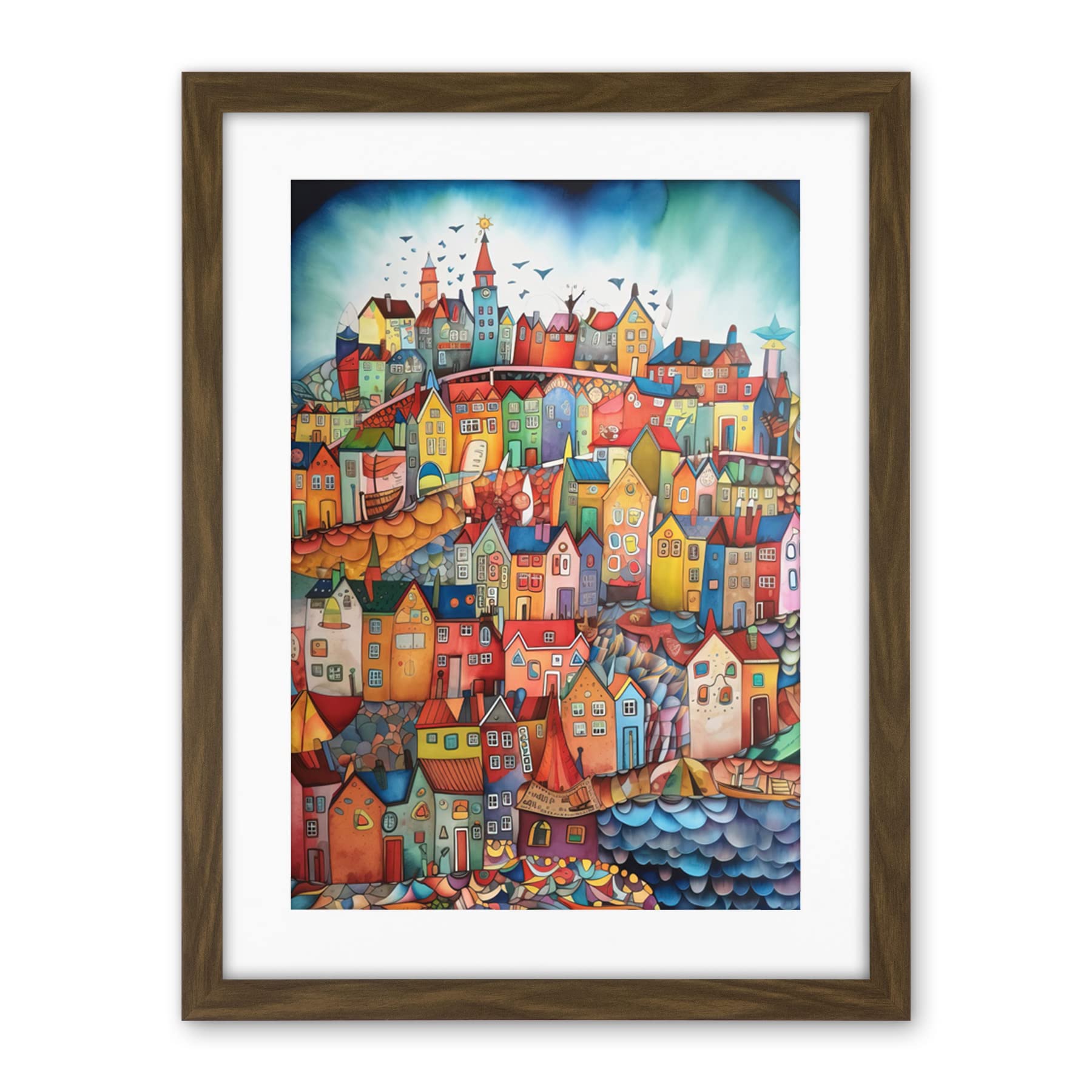 Artery8 Abstract Fishing Village Folk Art Artwork Framed Wall Art Print 18X24 Inch