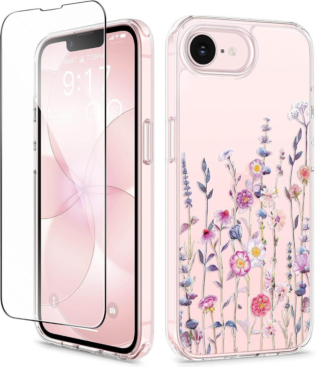 GVIEWIN para iPhone 17e y iPhone 16e con protector de pantalla | Protección de grado militar que no amarillea, parachoques duro de PC y TPU, funda protectora transparente floral para teléfono (Floratopia/colorido)