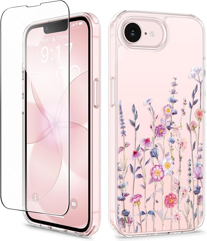 GVIEWIN para iPhone 17e y iPhone 16e con protector de pantalla | Protección de grado militar que no amarillea, parachoques duro de PC y TPU, funda protectora transparente floral para teléfono (Floratopia/colorido)