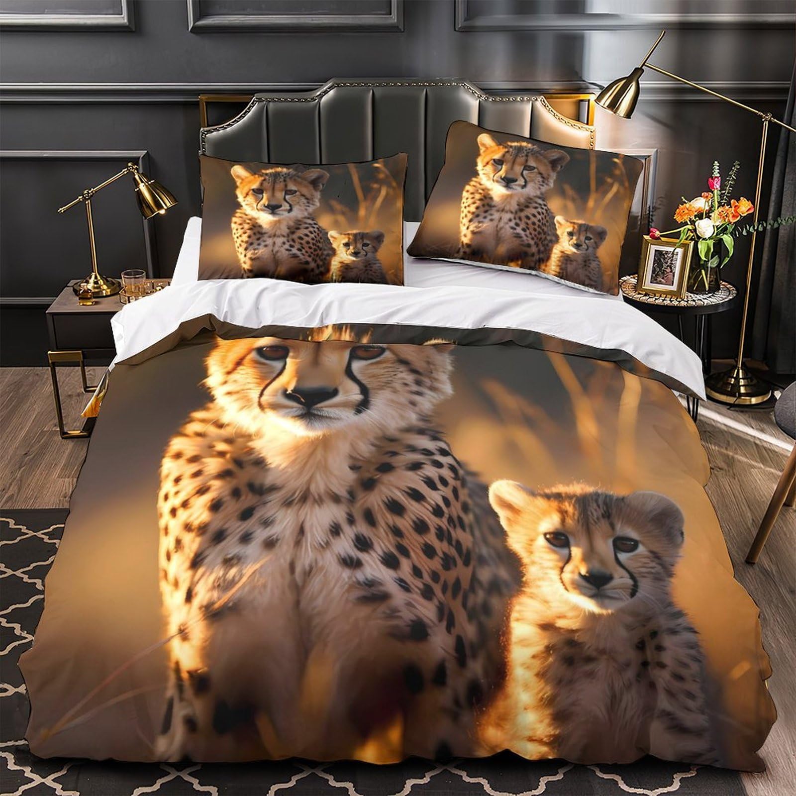 Ensemble de literie motif guépard pour chambre adulte et enfant grand lit 260x220cm