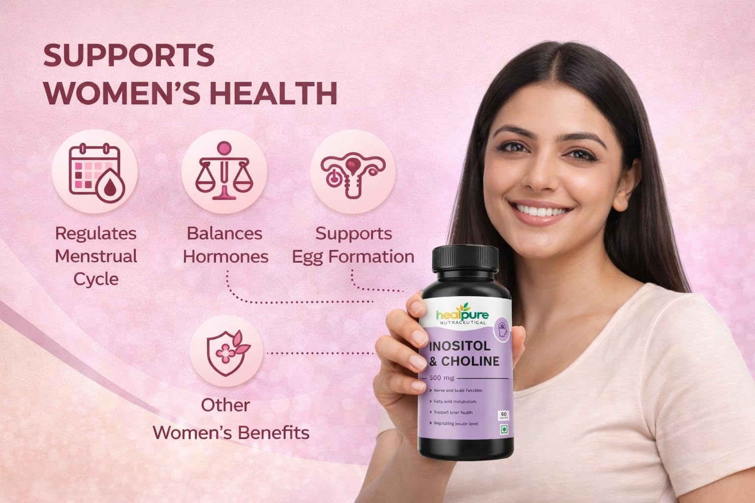 HEALPURE NUTRACEUTICAL Inositol and Choline 500 mg PCOS Support Supplement for Women | Myo-Inositol + D-Chiro Inositol 40:1 | 60 Plant-Based Veg capsule | Support Regular Menstruation 2