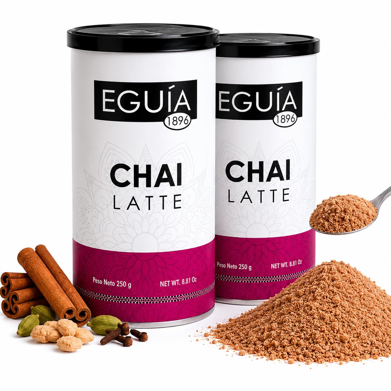 EGUIA Chai Latte en Polvo Cremoso - Pack 2x250g - Te Chai Latte Instantaneo y Soluble - Bebida Especiada Estilo Cafeteria - Preparado Gourmet con Especias Aromaticas Premium