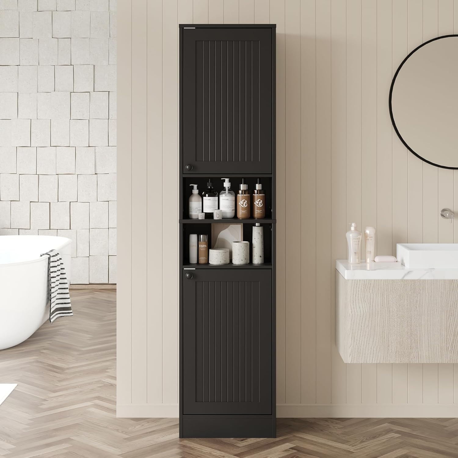 Farmhouse Bathroom Cabinet with 2 Doors, 67" Tall Slim Freestanding Cabinet, Narrow Floor Storage Unit with Open Shelf and Adjustable Shelves for Bathroom, Living Room, Kitchen, Black