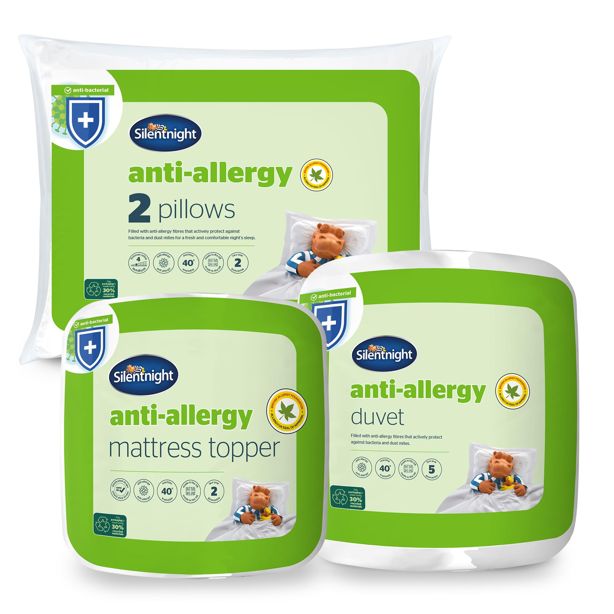 Silentnight Anti Allergy 10.5 Tog Duvet, Pillow Pair & Mattress Topper Bundle - All Year Round Winter Quilt - Anti-Bacterial and Machine Washable with Allergy UK Approved - Single