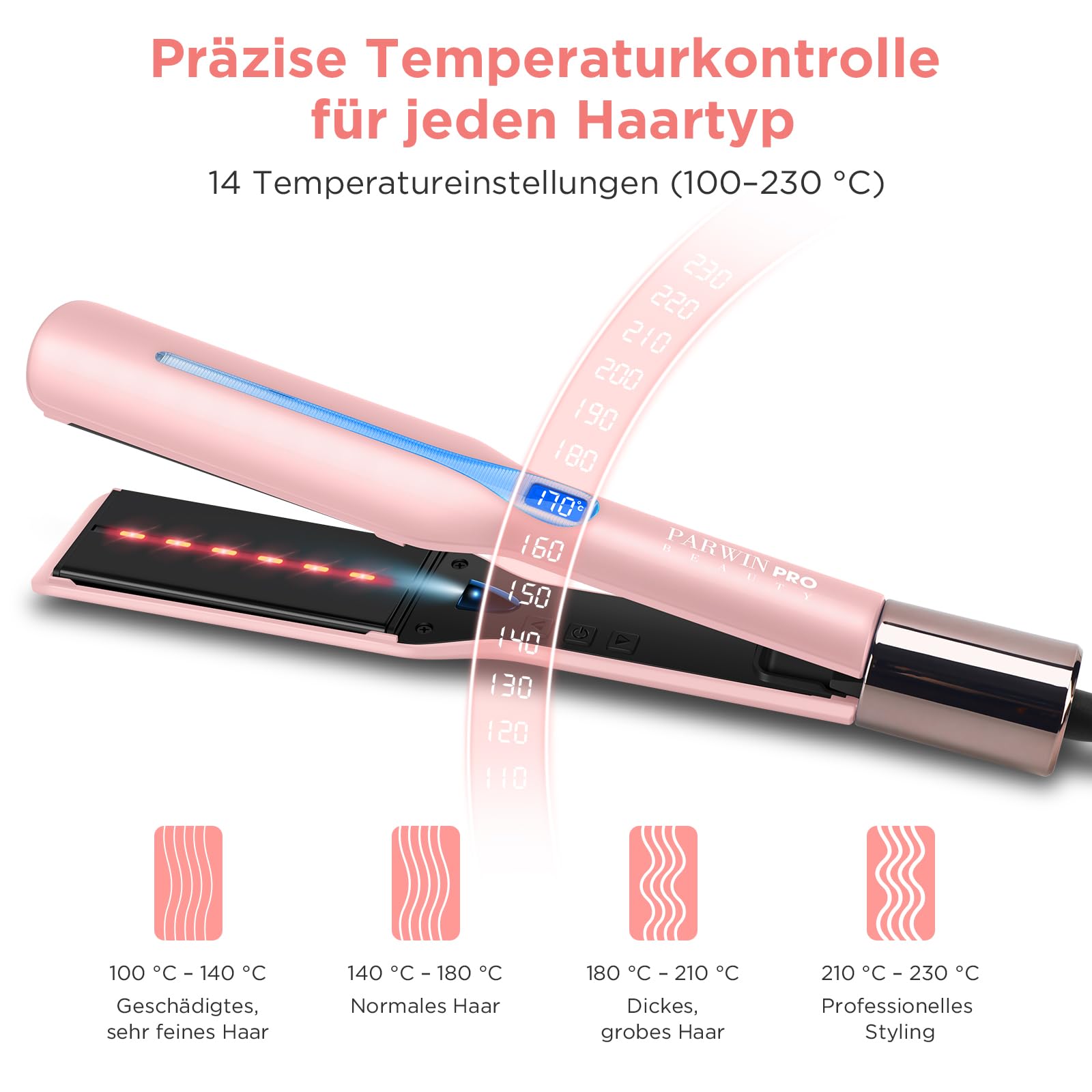 Plancha pelo infrarroja iónica 45 mm PARWIN PRO BEAUTY, placas anchas para cabello grueso, rizado, encrespado y largo, 14 temperaturas, color morado | PARWIN PRO BEAUTY - Plancha profesional para pelo grueso, rizado, rizado y largo, terapia infrarroja e i