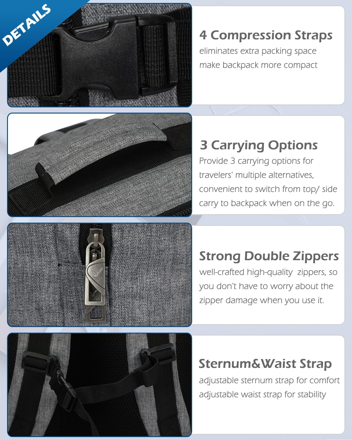 Hynes Eagle Carry on Backpack 38L Large Travel Backpack for Women Flight Approved Weekender Bag Laptop Backpack Men 15 inches Black Grey with 3PCS Packing Cubes Set Black