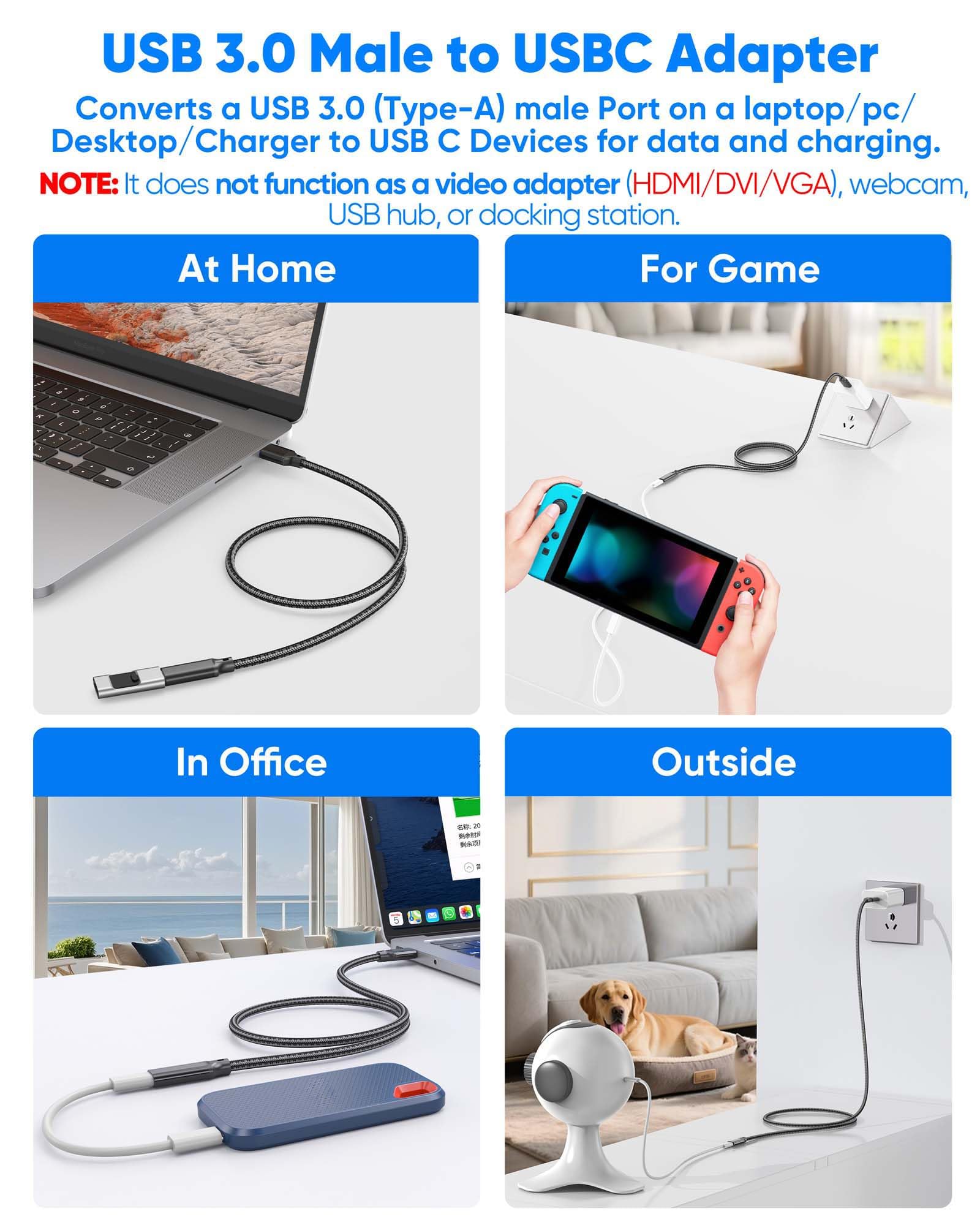 Cavo adattatore da USB C femmina a USB maschio, 1,5 m, confezione da 2, 10 Gbps, prolunga da USB A a USB C, trasferimento dati USB 3.2 GEN 2, 15 W, ricarica sicura da USB A a C, cavo adattatore per