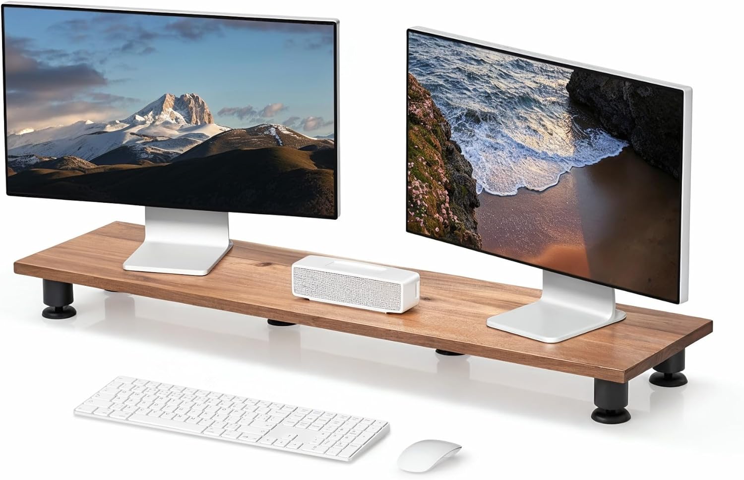 Nordik Large Dual Monitor Riser for 2 - 42.5 Inch Premium Handmade Hardwood Acacia Computer - Wood Shelf Desk Organizer Television - Laptop TV Stand with Storage Organizer for Desk Accessories (Brown)