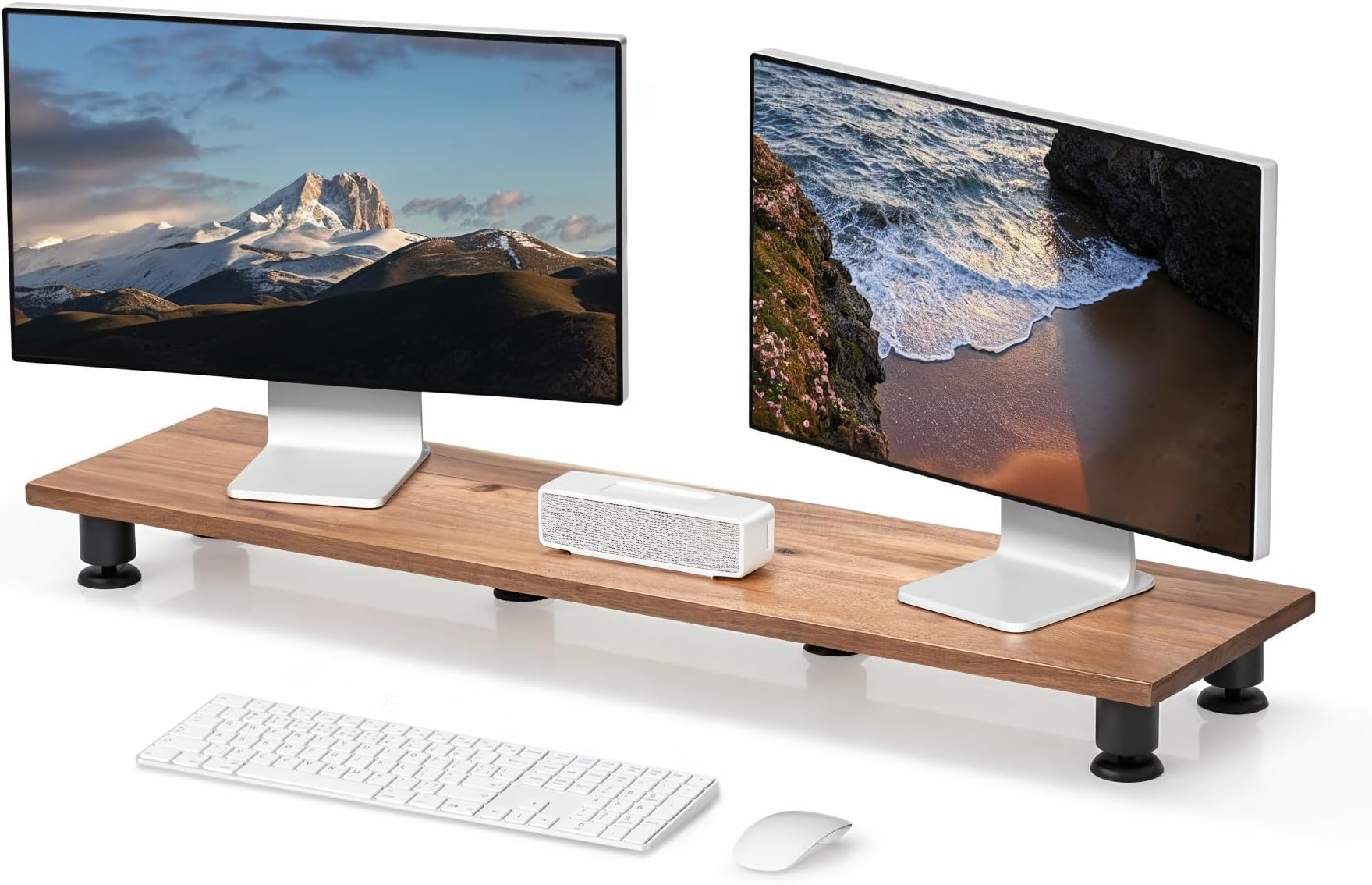 Nordik Large Dual Monitor Riser for 2 - 42.5 Inch Premium Handmade Hardwood Acacia Computer - Wood Shelf Desk Organizer Television - Laptop TV Stand with Storage Organizer for Desk Accessories (Brown)