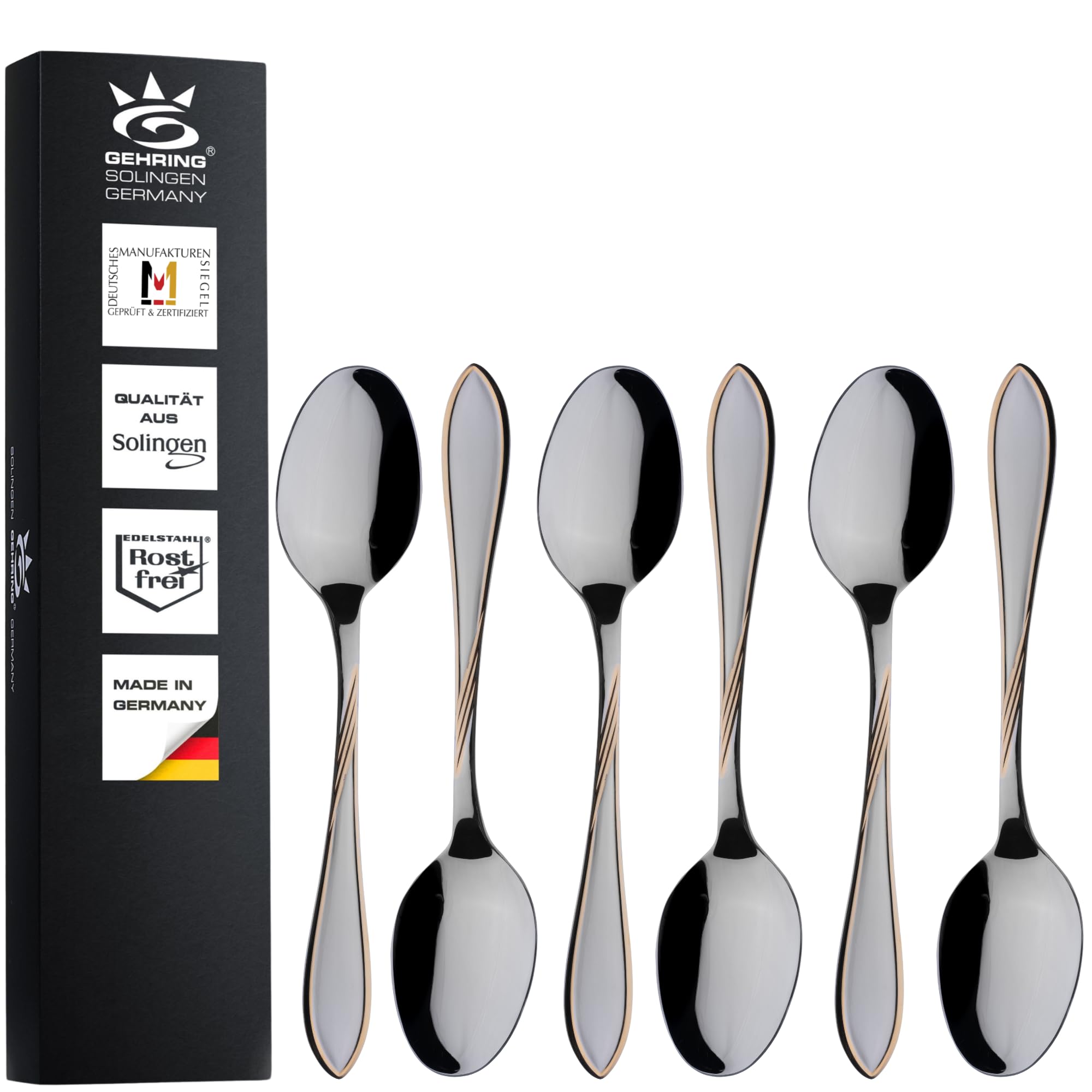 Gehring Solingen Focus Dessertlöffel vergoldet 6 Stück I Edelstahl Besteck I Löffel Set I spülmaschinengeeignet I Made in Germany