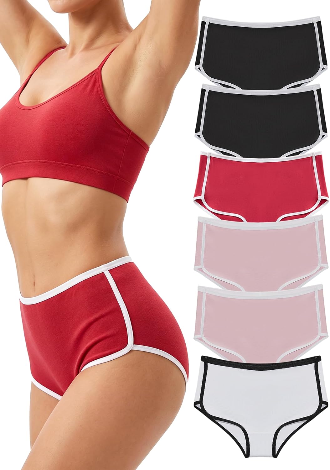 Women's Soft Cotton Underwear High Rise Bikini Panties Breathable Solid Color Cheeky Briefs 6 Pack