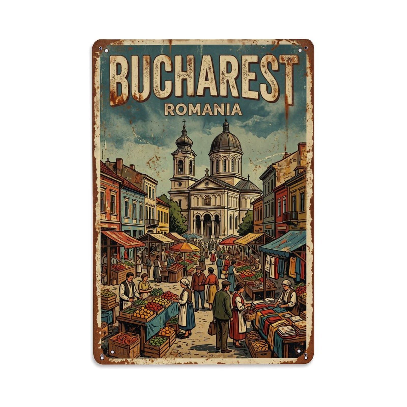 Vintage Travel Bucharest Piata Amzei Market Square Romania Metal Tin Sign Plaque Wall Decor for Cafe, Club Bar, Office, Home Garden Metal Poster 8x12Inch