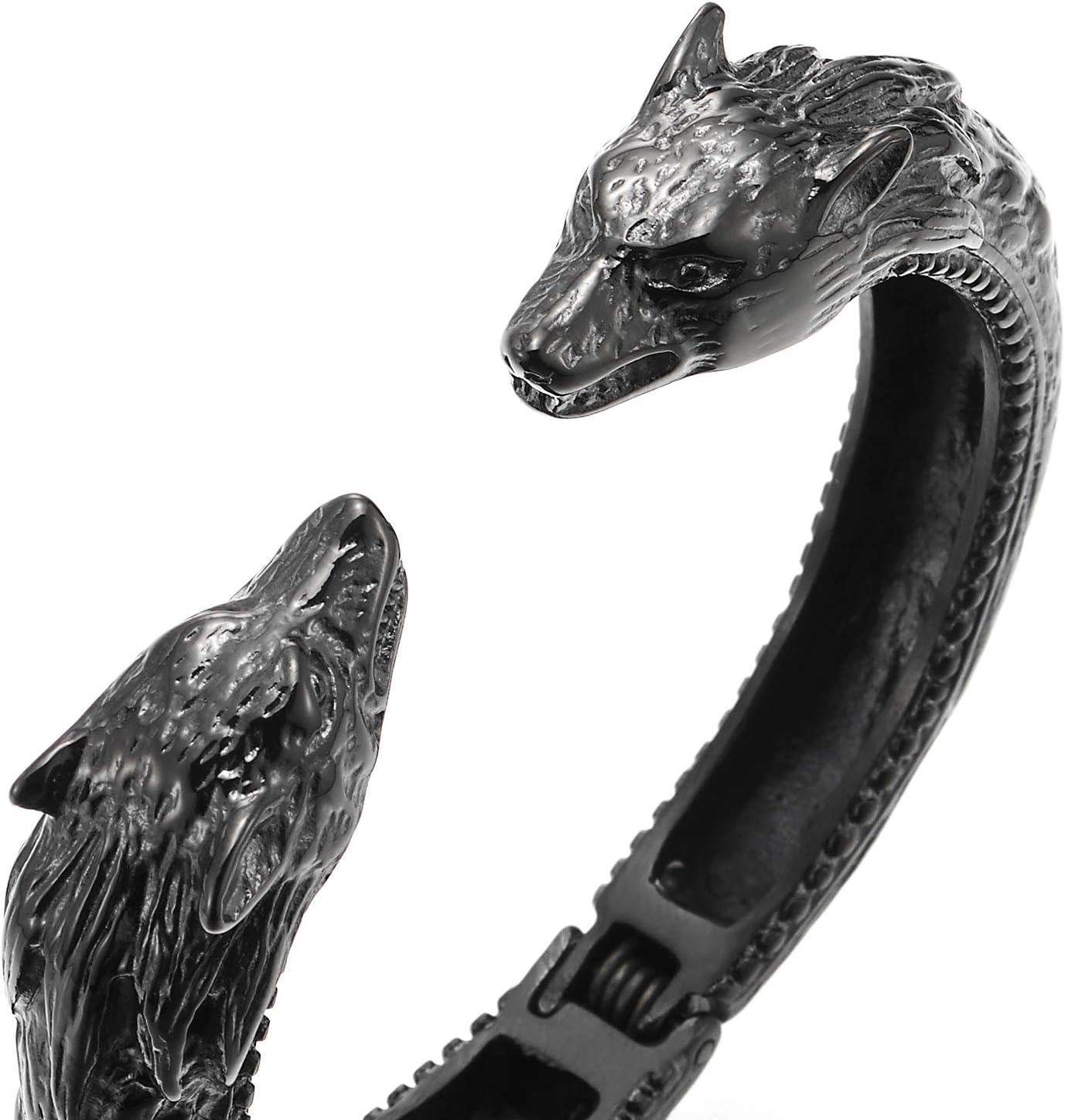 COOLSTEELANDBEYOND Retro Style Stainless Steel Mens Wolf Head Cuff Bangle Bracelet with Spring Closure - Image 2