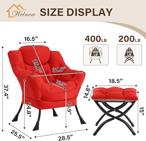 Vista 3 de Welnow - Silla perezosa con otomana, moderna silla de descanso con reposabrazos y bolsillo lateral, juego de sillón tapizado de ocio, sillón de Rojo
