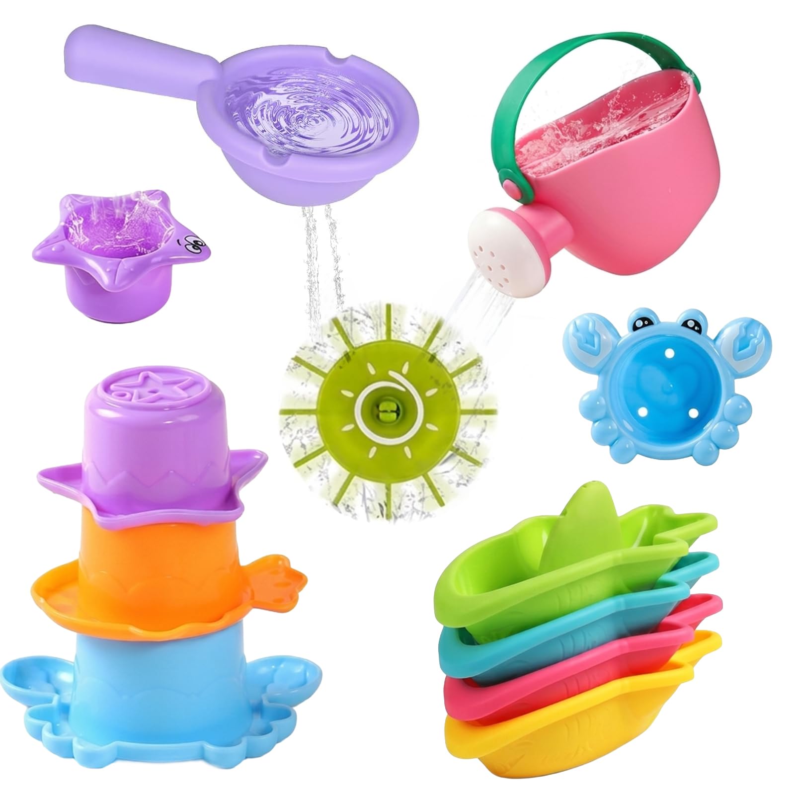 Bath Toys - 11 Pcs Mould Free Water Play Set, Floating Boats Watering Can Spinning Waterwheel Stacking Cups, Safe Baby Bath Toys Versatile Water Toys For Bathtub Shower Pool Beach