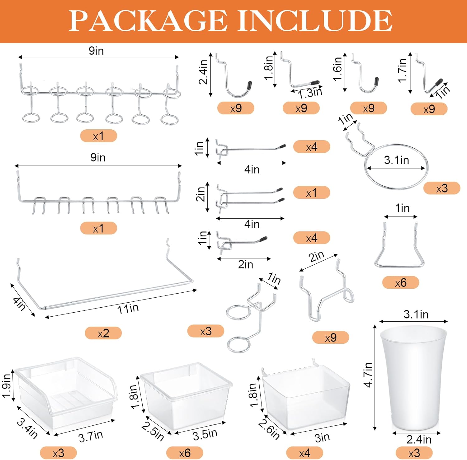 Zubebe 106 Pcs Pegboard Hooks Assortment with Bins, Pegboard Accessories Organizer Kit Include Bins with Hooks and Loops Paper Towel Craft Holder for Hanging Tool(Silver, Clear)