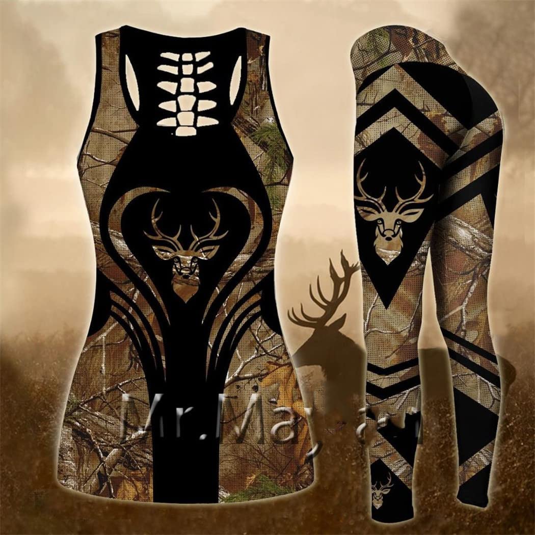 3D gedrucktes Hirsch Liebe Pferd Hohl Tanktop Frauen Sexy Weste Mädchen Tank Tops Yoga Leggings Set, 04, 42