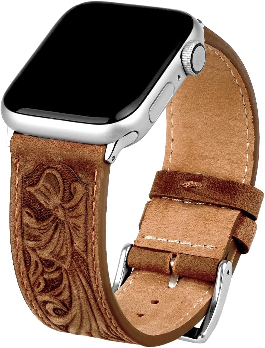 for Apple Watch Band 45mm 44mm 42mm 41mm 40mm 38mm, Carved Handmade Bump Retro Genuine Leather Flower Replacement Strap for Men Women Brown Bracelet for Iwatch Series 7 6 5 SE 4 3 2 1